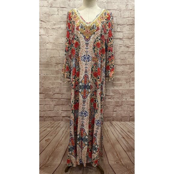 Soft Surroundings Ipanema Embroidered Beaded Caftan Challis Maxi Dress Size 1X - Picture 1 of 4